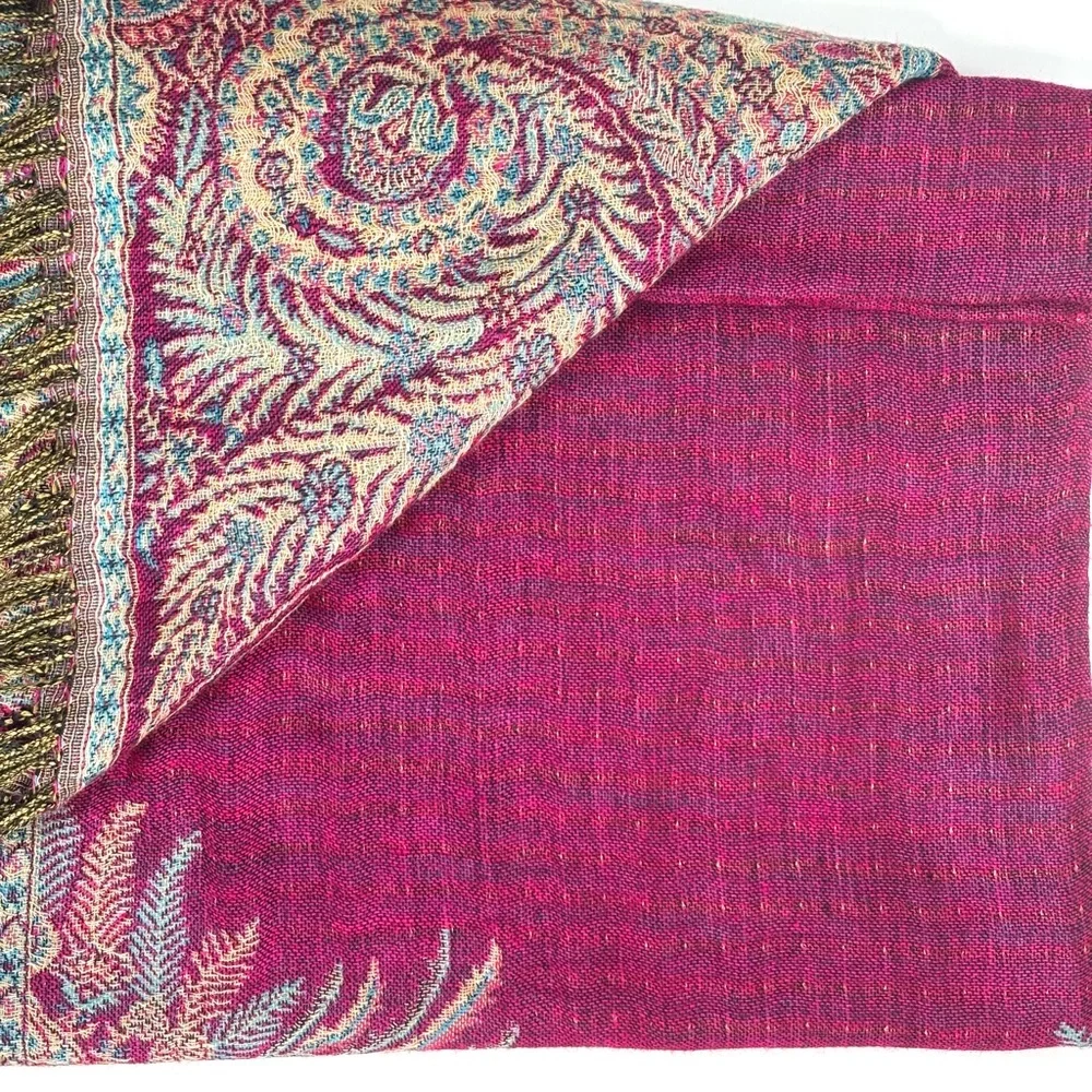 Pashmina Paisley Fuchsia Pink Teal Blue Jewel Tone Boho Silk Blend Scarf Wrap OS
